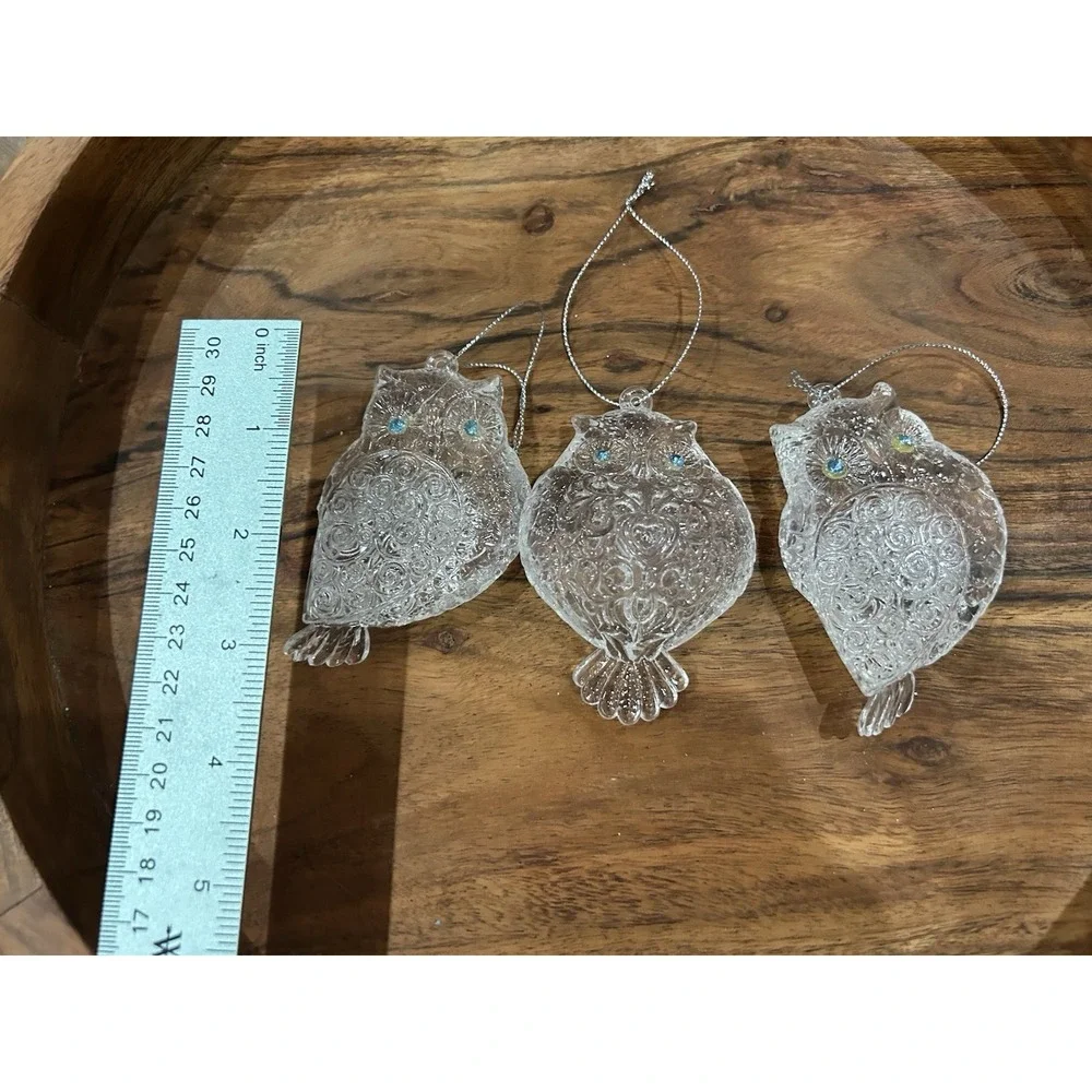 Owl Christmas Tree Ornaments Set Clear Turquoise Sparkle Whimsical Woodland Deco